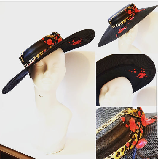 Wide brim black hat with leopard * red lace Sold